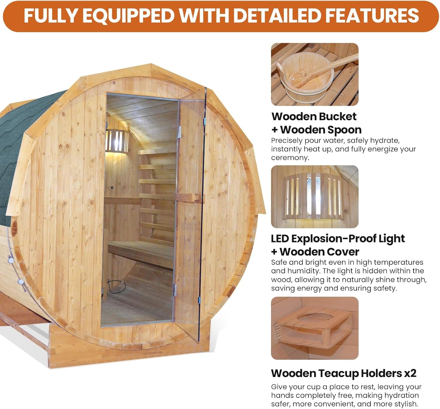 4-Person Carbonized Spruce Barrel Sauna thumbnail 6