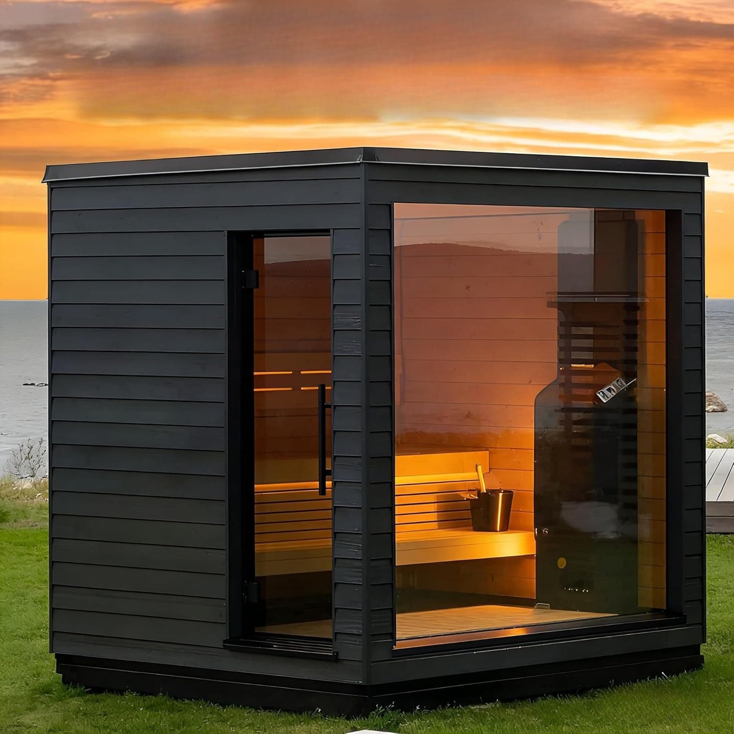 4-Person Finnish Cedar Barrel Sauna with Glass Front - Image 1